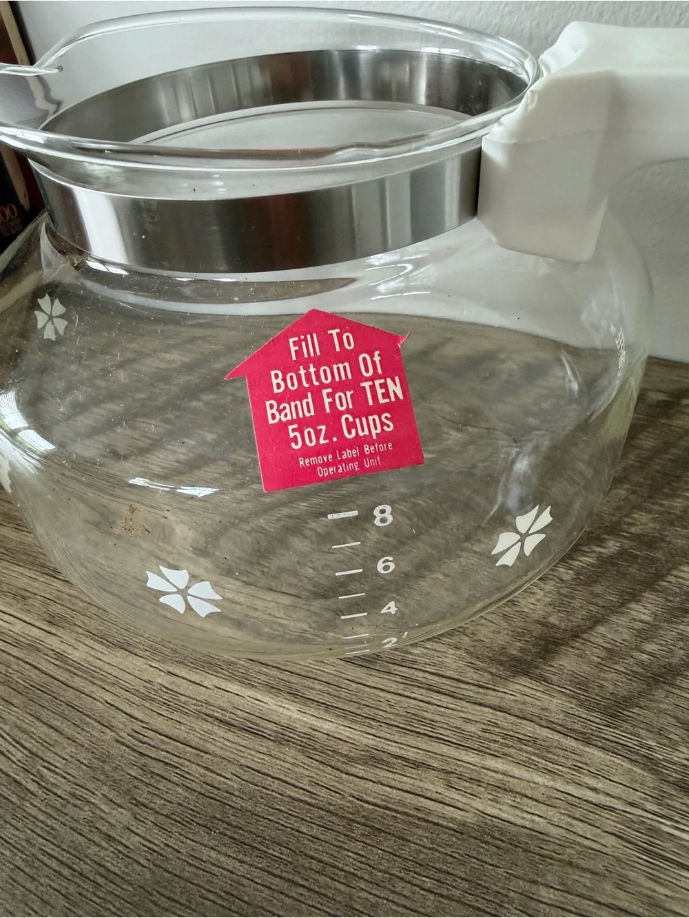 NIB: Vintage 1975 Mr. Coffee Glass Decanter D-7C: Floral Design, 10 Cup Carafe